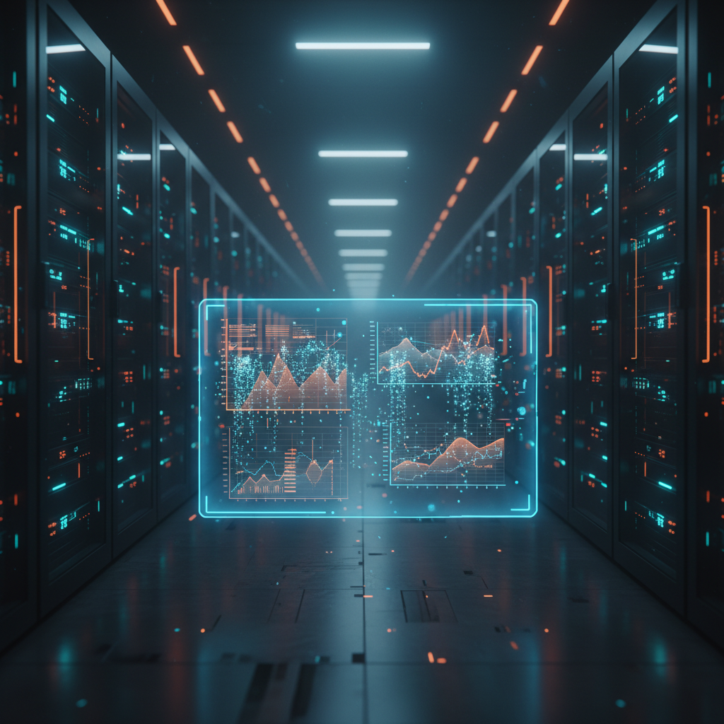 Centro de datos con servidores informáticos y una pantalla holográfica flotante que muestra gráficos y análisis de datos en tiempo real.
