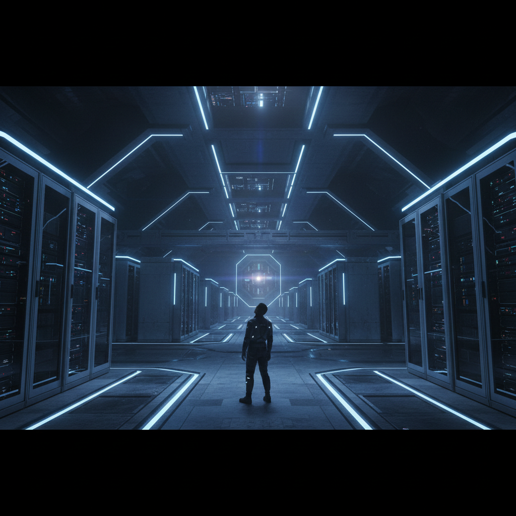 Persona de pie en el centro de un pasillo oscuro rodeado de servidores con iluminación azul neón.