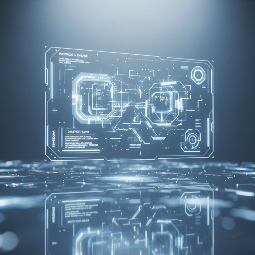 Interfaz holográfica futurista con gráficos de datos y esquemas tecnológicos proyectada sobre una superficie brillante.