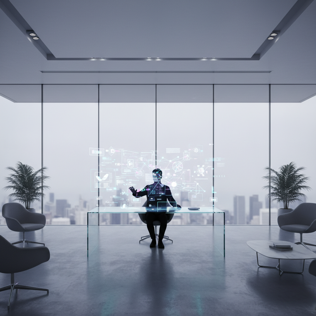 Profesional sentado en una oficina moderna frente a un escritorio de cristal manipulando una interfaz holográfica con datos digitales.