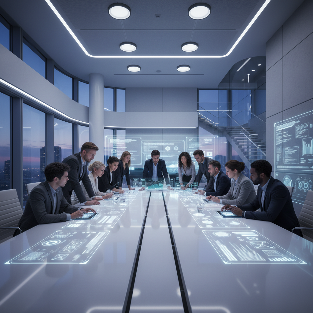 Equipo profesional en una sala de reuniones con tecnología avanzada de interfaces holográficas proyectadas sobre la mesa.
