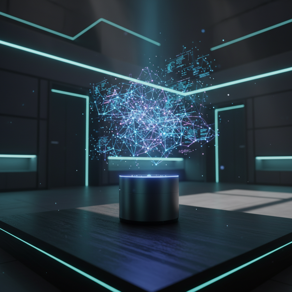 Dispositivo tecnológico circular sobre una base oscura proyectando un holograma de red de datos y conexiones lumínicas en una habitación futurista.