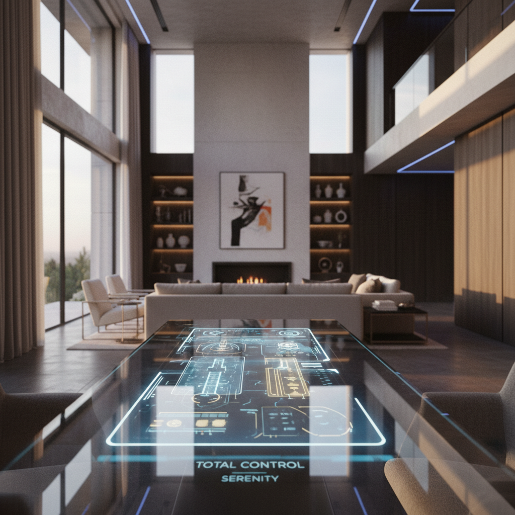 Sala de estar moderna con grandes ventanales, chimenea y una mesa de cristal con interfaz digital futurista de control.