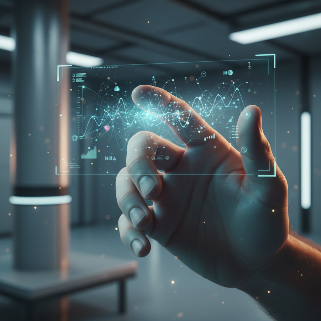 Mano humana interactuando con una interfaz holográfica digital que muestra gráficos de ondas y datos analíticos en un entorno tecnológico.
