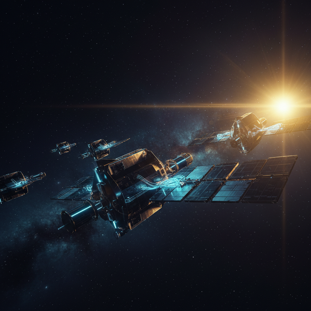 Varios satélites artificiales orbitando en el espacio exterior cerca de una estrella brillante.