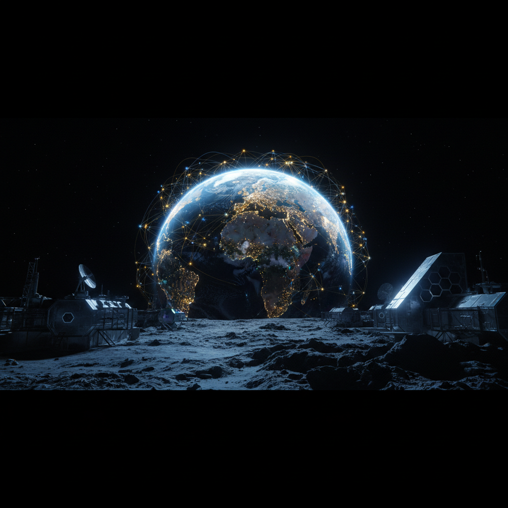 Vista desde una base lunar hacia el planeta Tierra iluminado en el espacio con una red de comunicaciones global.