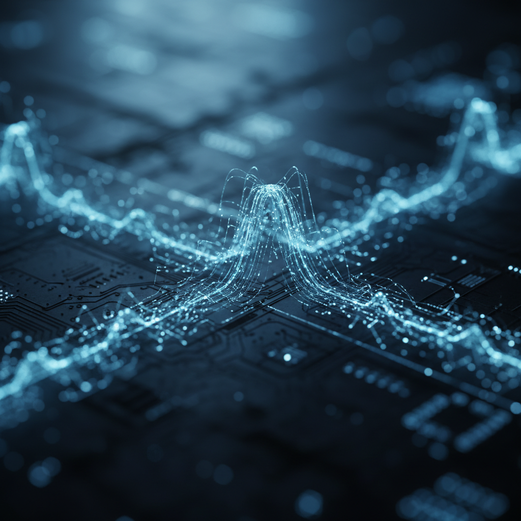 Visualización abstracta de datos digitales en forma de ondas luminosas sobre un circuito electrónico.