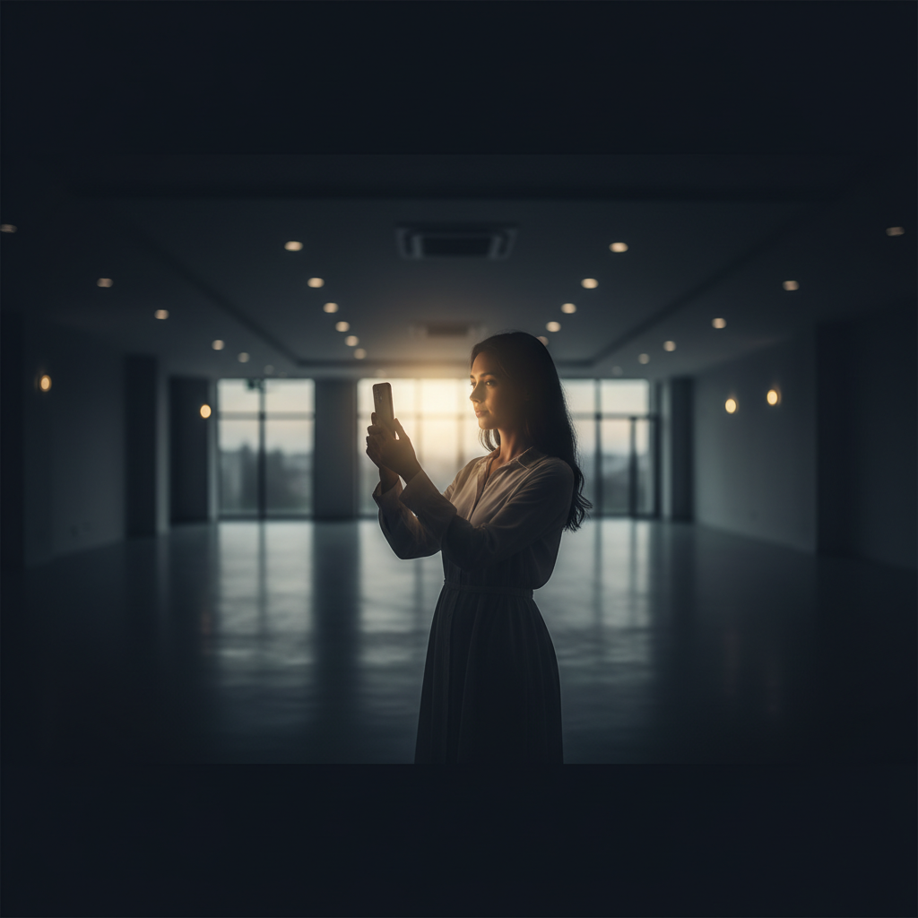 Mujer joven mirando su teléfono móvil en un espacio interior oscuro con ventanales al fondo.