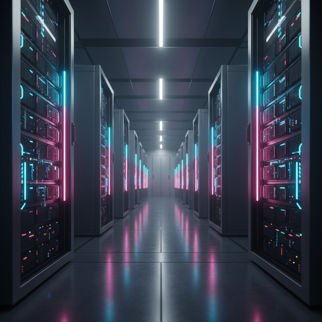 Pasillo de un centro de datos con servidores modernos iluminados con luces de neón azules y rosas.