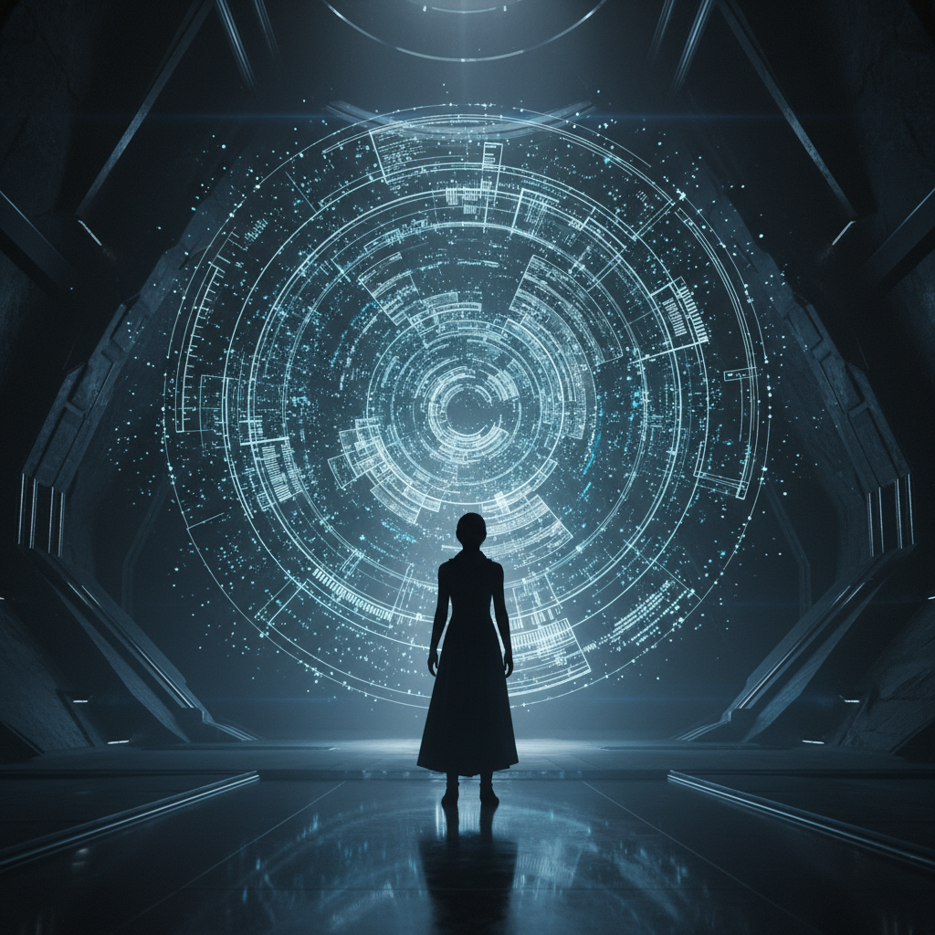 Silueta de una persona frente a una interfaz tecnológica circular de datos proyectada en un entorno futurista.
