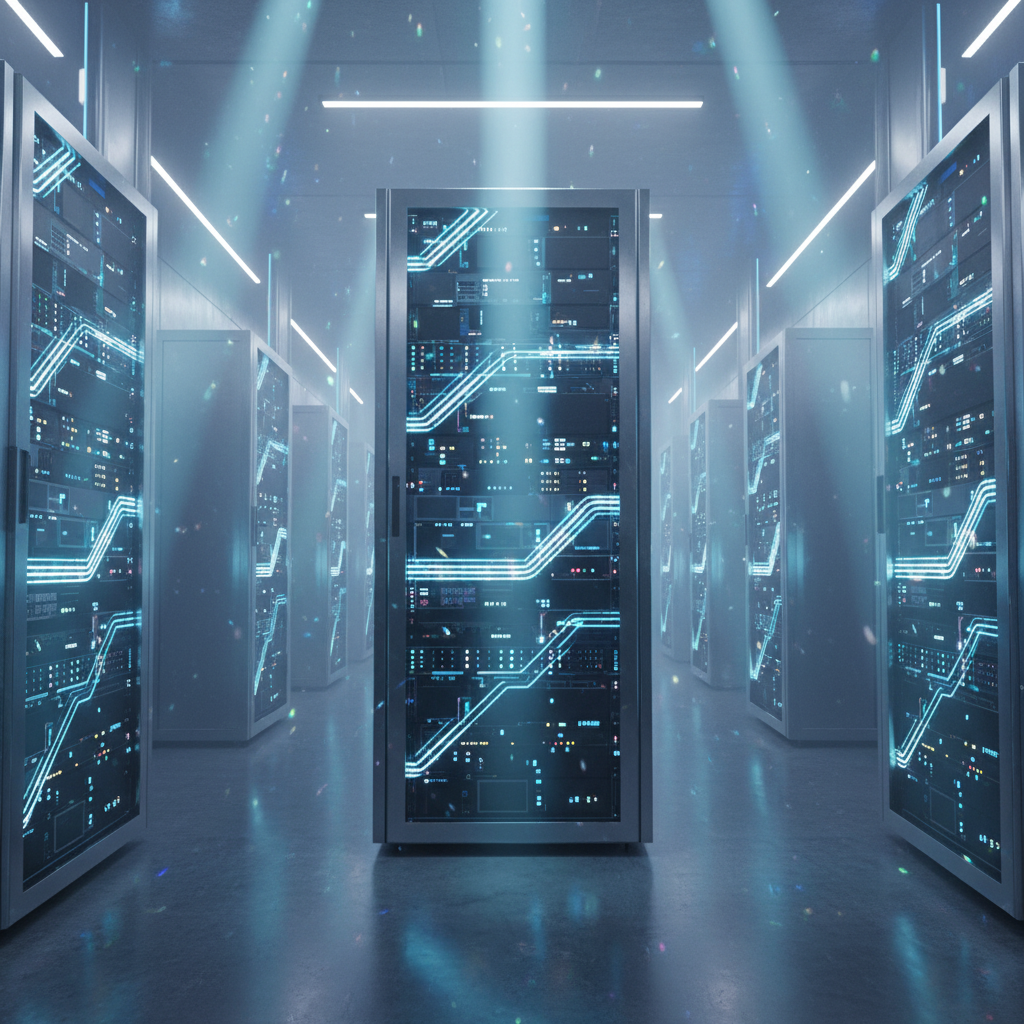 Pasillo iluminado de un centro de datos con servidores informáticos.