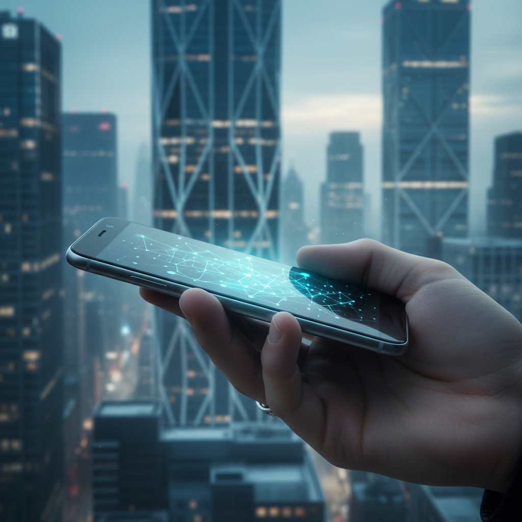 Mano sosteniendo un teléfono inteligente con una interfaz de red digital brillante frente a rascacielos.
