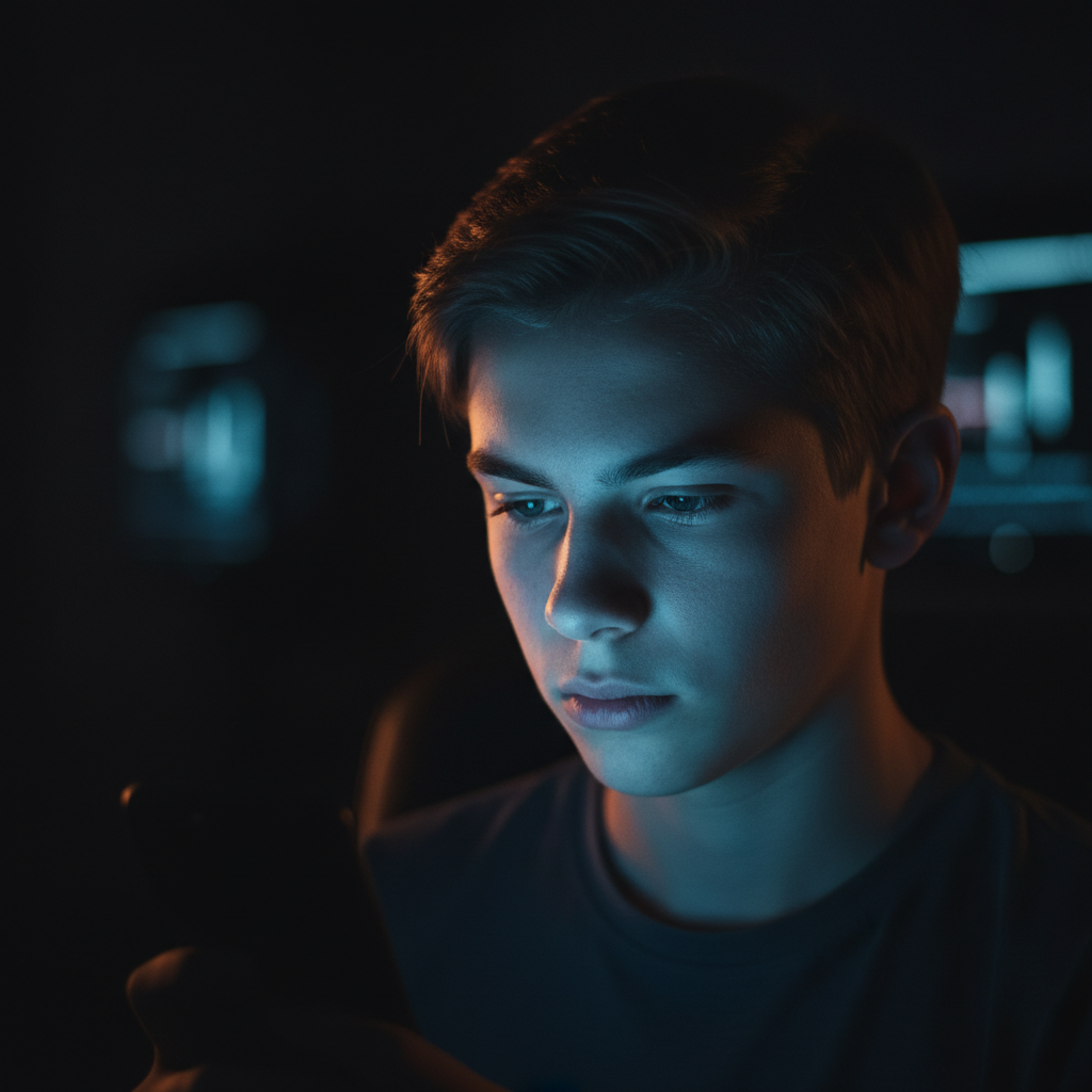 Joven mirando la pantalla de un teléfono inteligente en una habitación oscura iluminado por luz azul.