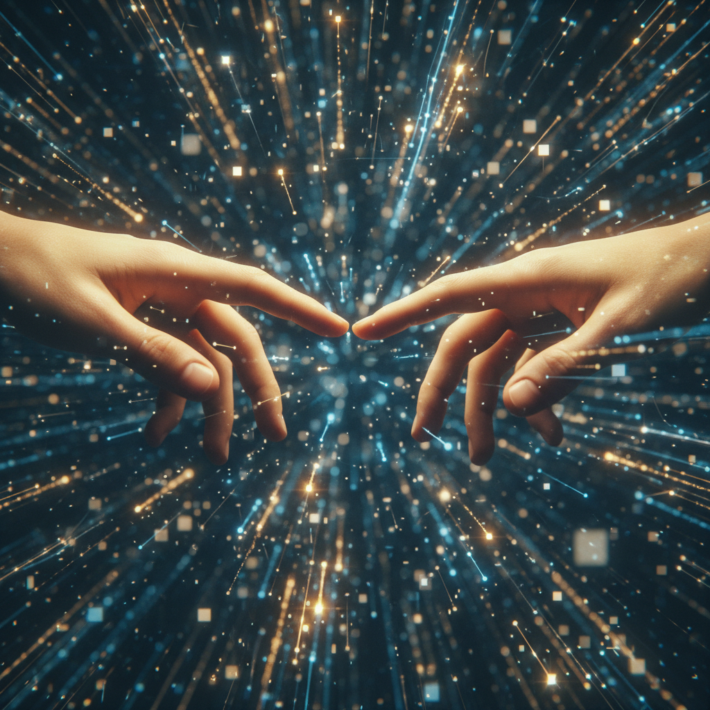 Dos manos humanas extendidas a punto de tocarse sobre un fondo de líneas de luz y datos digitales.
