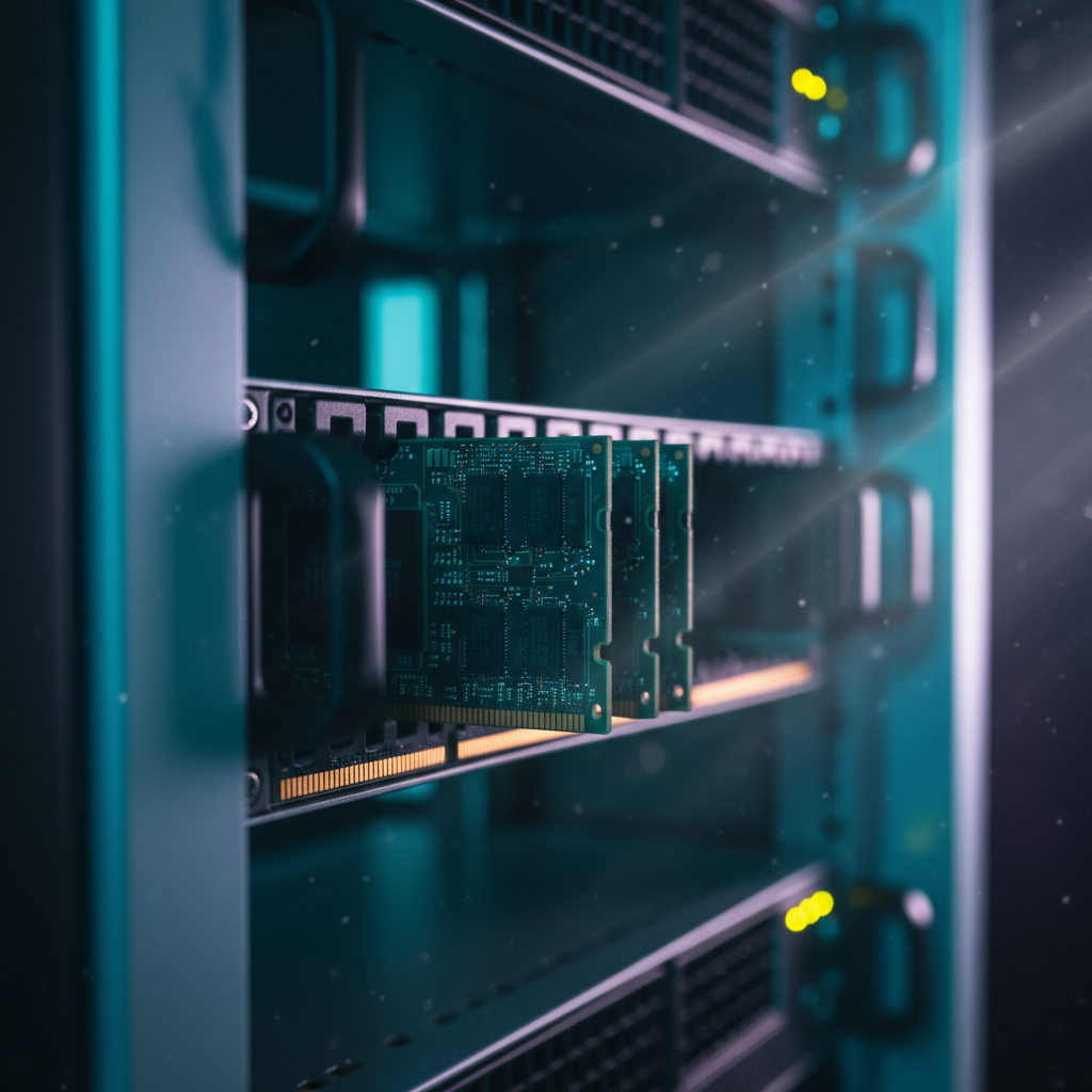 Módulos de memoria RAM instalados en el chasis de un servidor informático en un centro de datos.