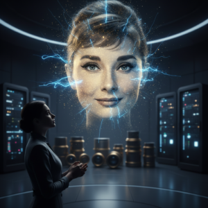 Una mujer observando una proyección holográfica gigante de un rostro femenino rodeado de energía eléctrica en un centro de datos.