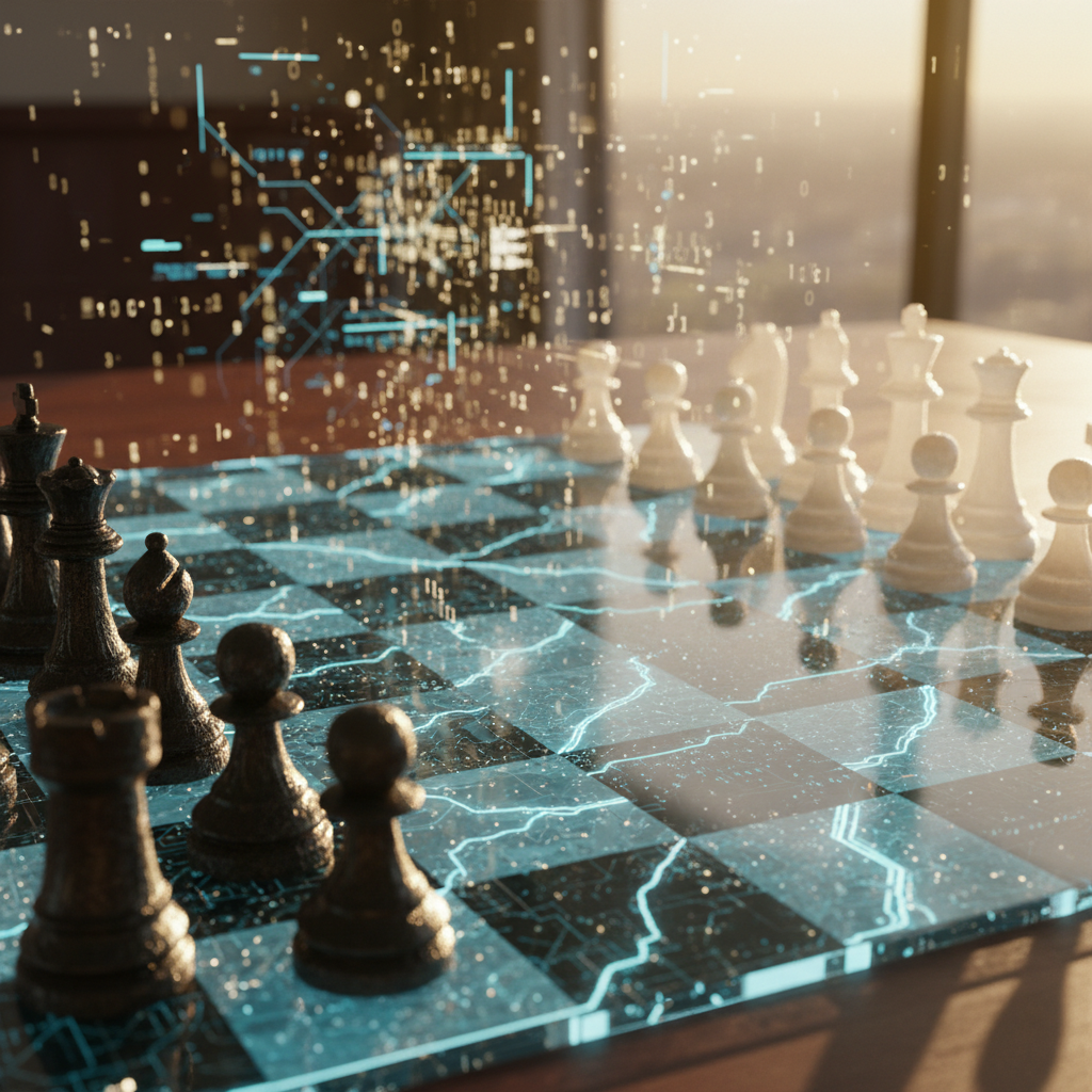 Un tablero de ajedrez con piezas blancas y negras iluminado por circuitos digitales y datos flotantes sobre una superficie brillante.