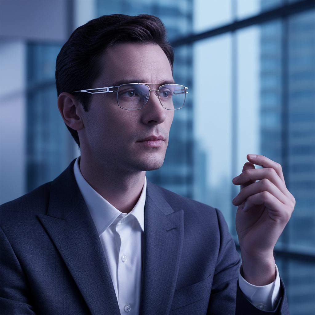 Hombre de negocios con traje gris y gafas graduadas mirando hacia un lado en una oficina moderna.