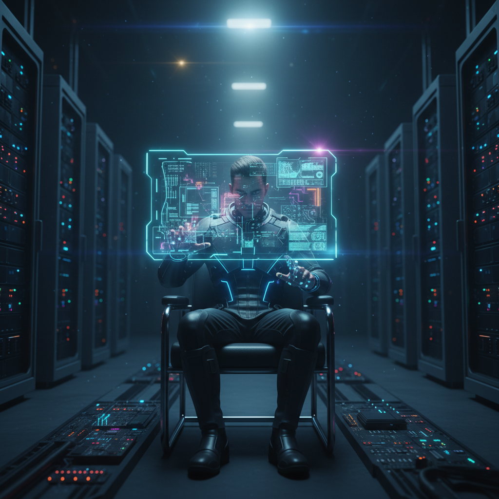 Un técnico especializado sentado frente a una interfaz holográfica en un centro de procesamiento de datos con servidores.