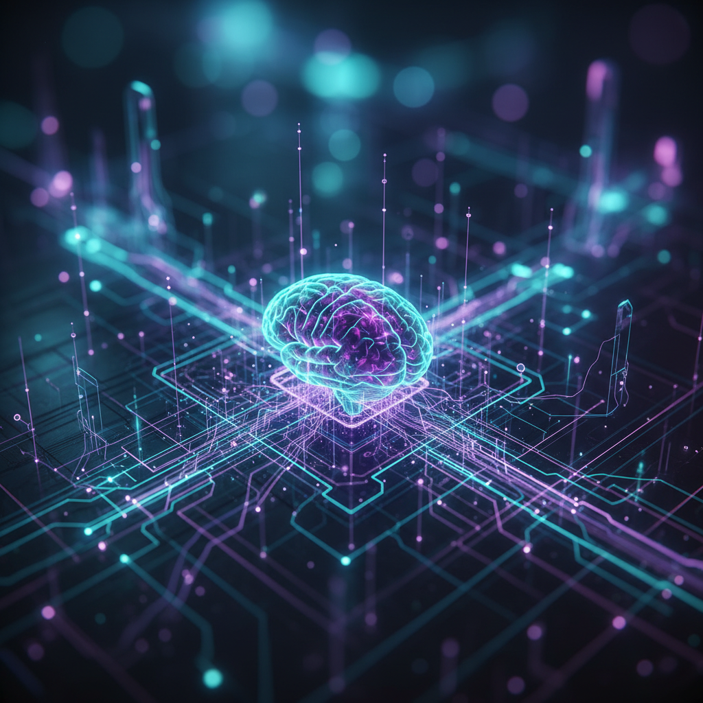 Representación digital de un cerebro humano brillante flotando sobre un circuito integrado con conexiones de red iluminadas.