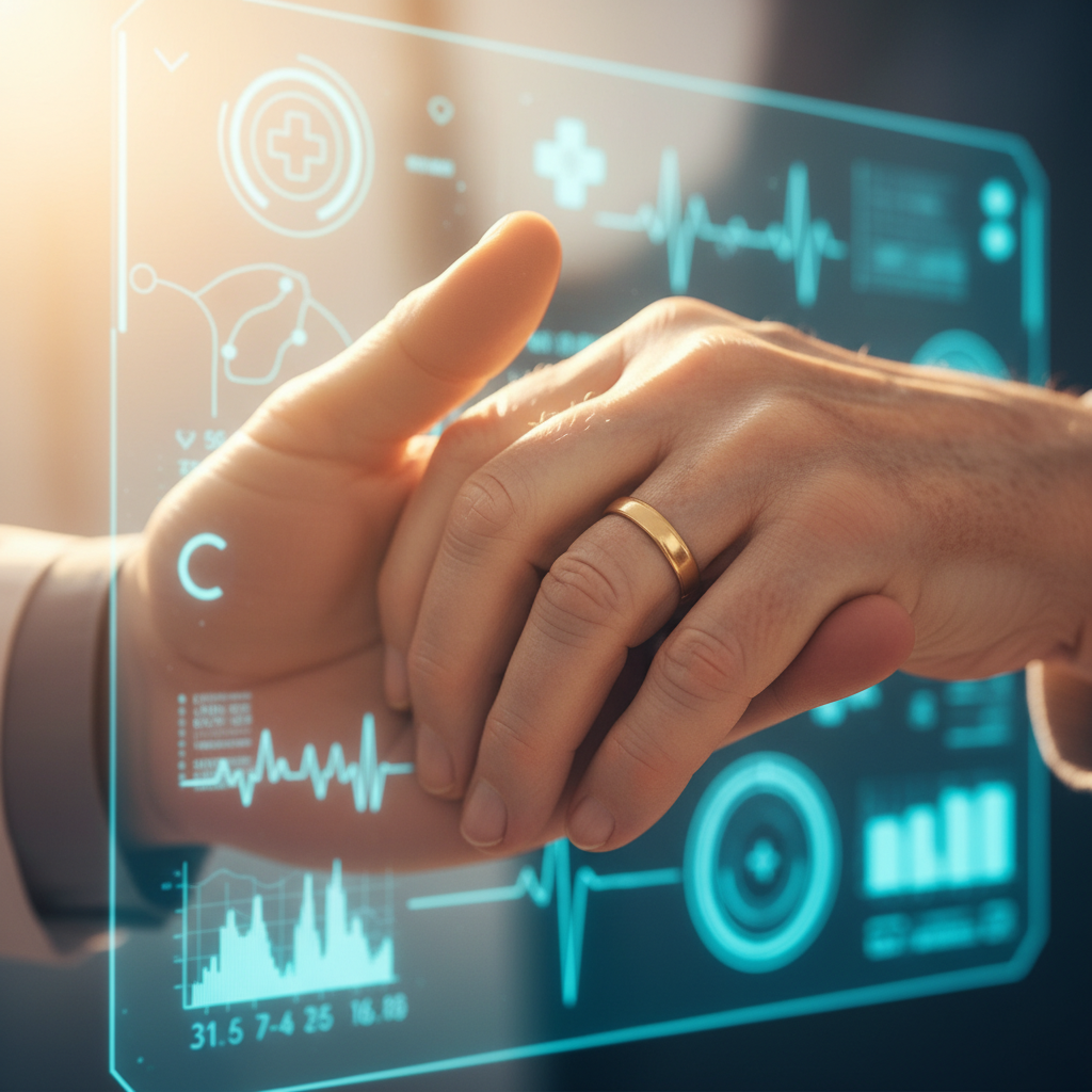 Médico sosteniendo la mano de un paciente mientras se visualiza una interfaz holográfica con datos médicos.
