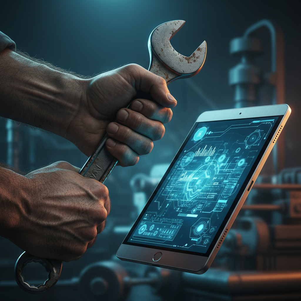 Manos sosteniendo una llave inglesa junto a una tableta digital con esquemas técnicos en la pantalla.