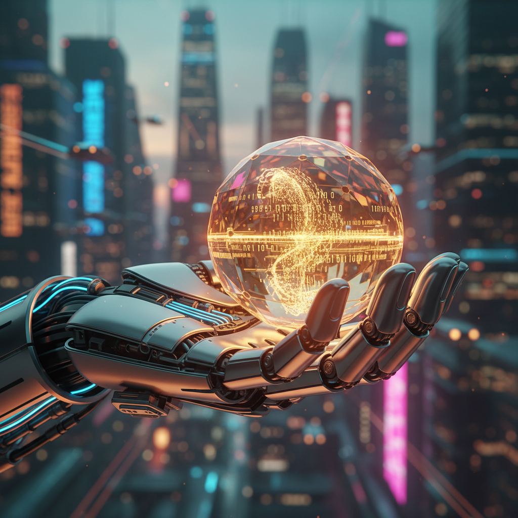 Mano robótica de metal sosteniendo una esfera geométrica transparente con datos digitales brillantes sobre un fondo de ciudad futurista.