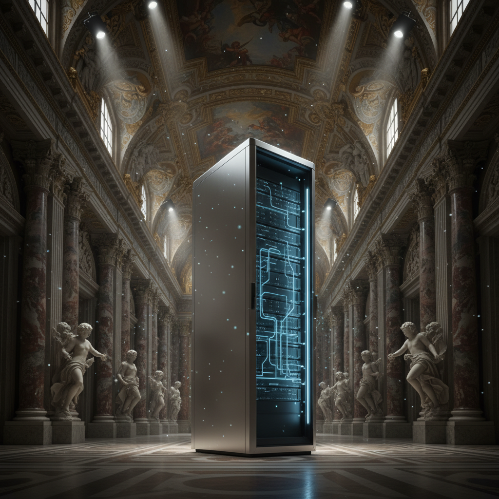 Un servidor de datos moderno ubicado en el centro de un lujoso salón clásico con columnas de mármol y estatuas de ángeles.