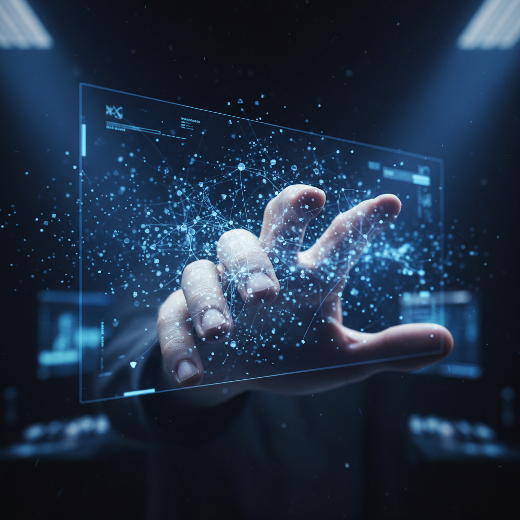 Mano interactuando con una interfaz holográfica digital que muestra una red de datos interconectados.