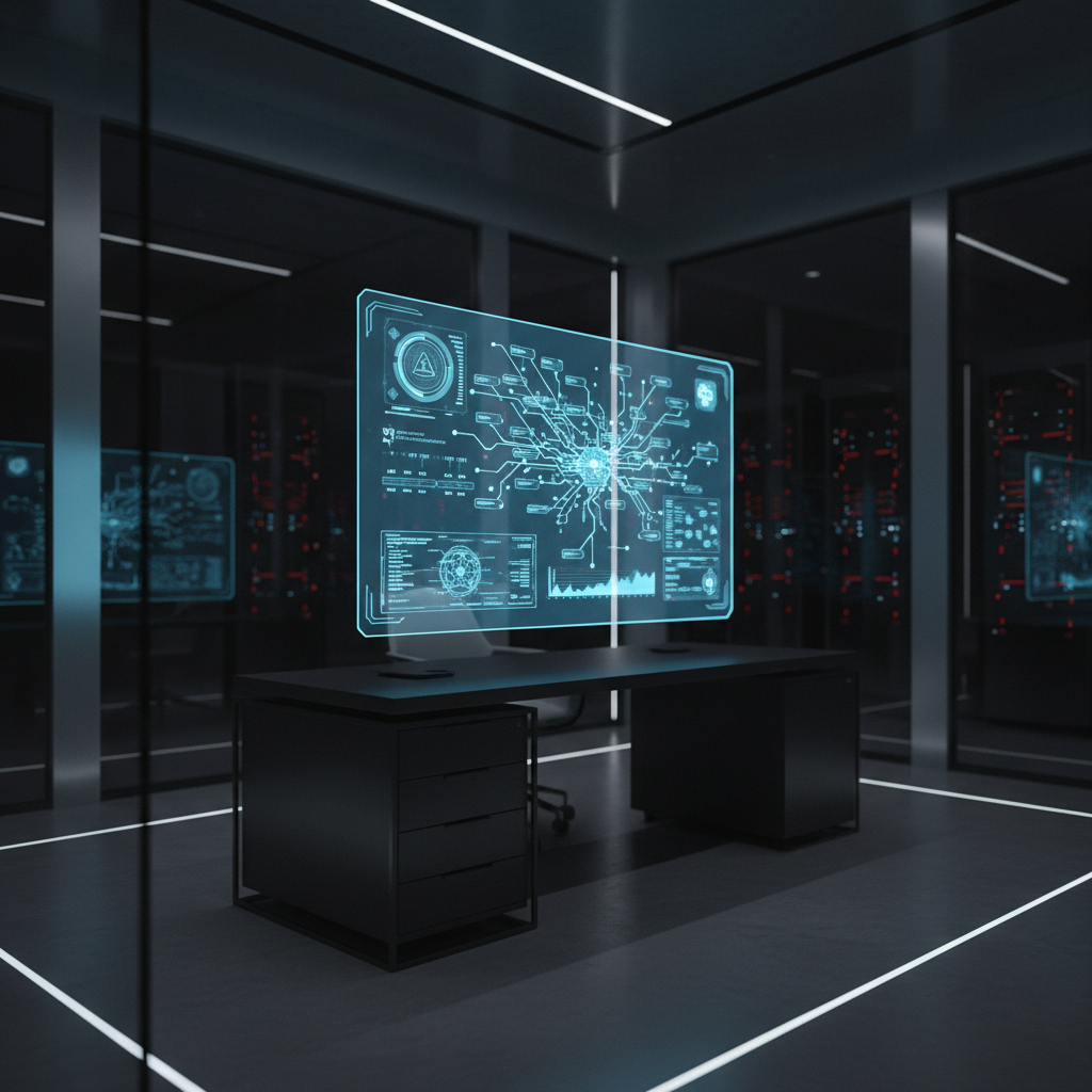 Una oficina moderna con un escritorio negro y una pantalla holográfica interactiva que muestra datos técnicos y redes interconectadas.