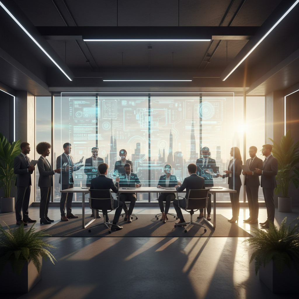 Grupo de ejecutivos en una sala de juntas moderna con una pantalla holográfica digital frente a un ventanal con vistas a la ciudad.