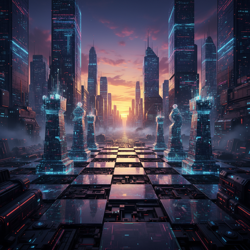 Piezas de ajedrez digitales iluminadas con luces de neón situadas en un tablero futurista que se extiende hacia un horizonte de rascacielos al atardecer.