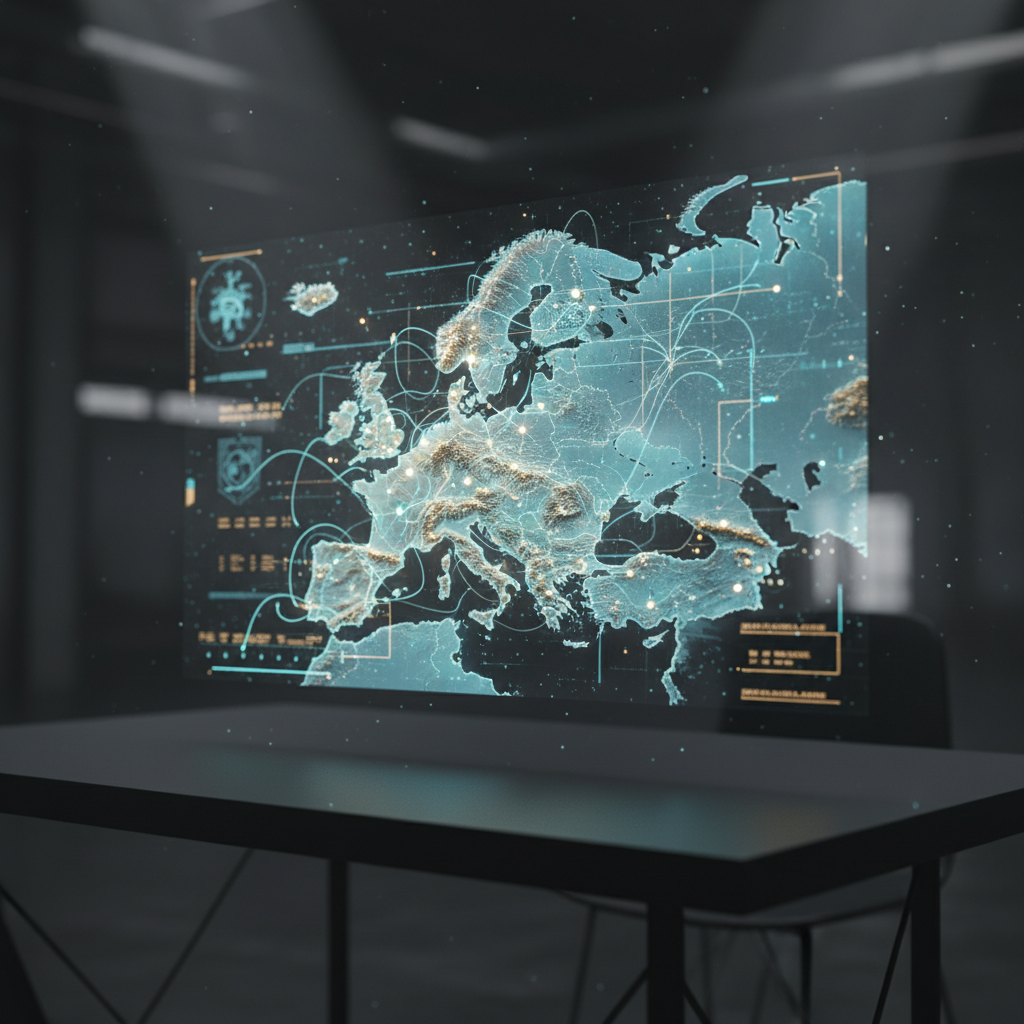 Pantalla holográfica flotante sobre una mesa mostrando un mapa topográfico digital de Europa con nodos de datos y líneas de conexión.