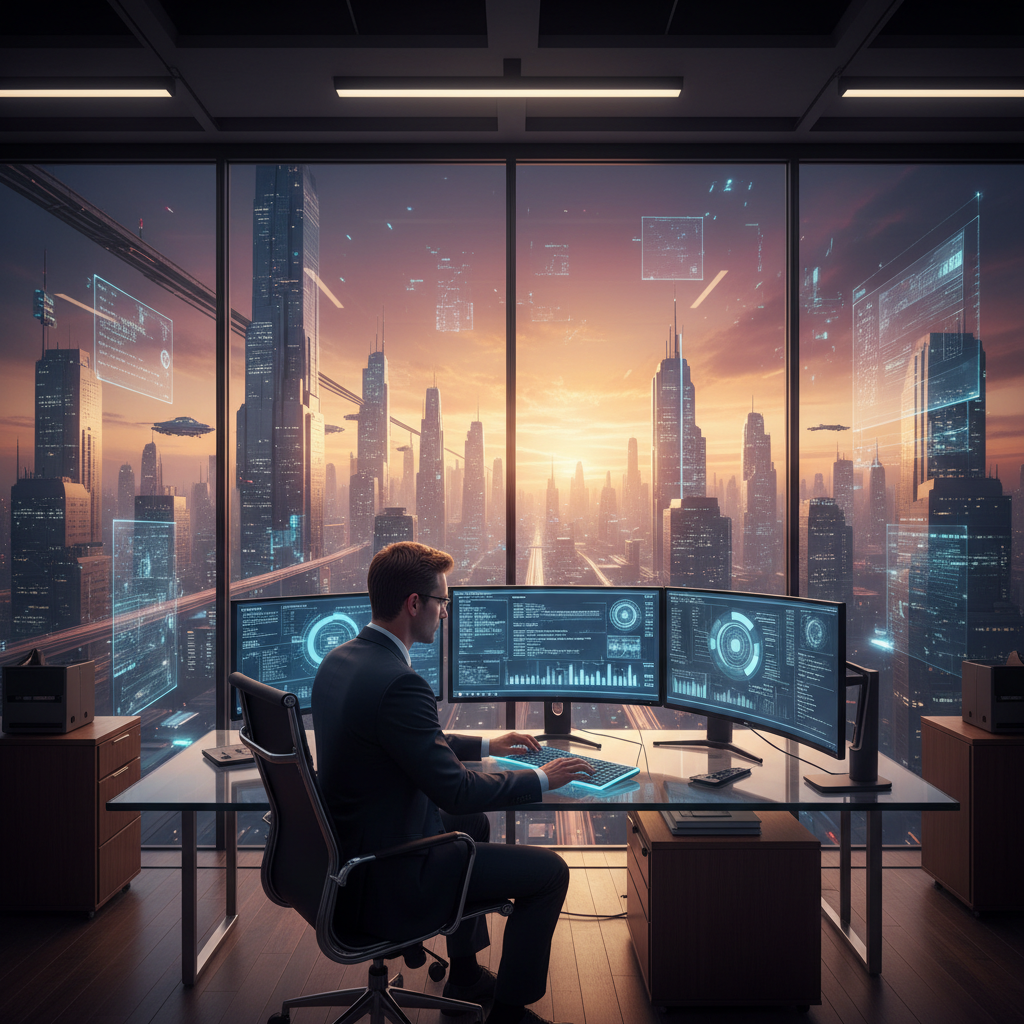 Un profesional con traje trabaja frente a varios monitores de ordenador en una oficina moderna con vistas panorámicas a una ciudad futurista al atardecer.