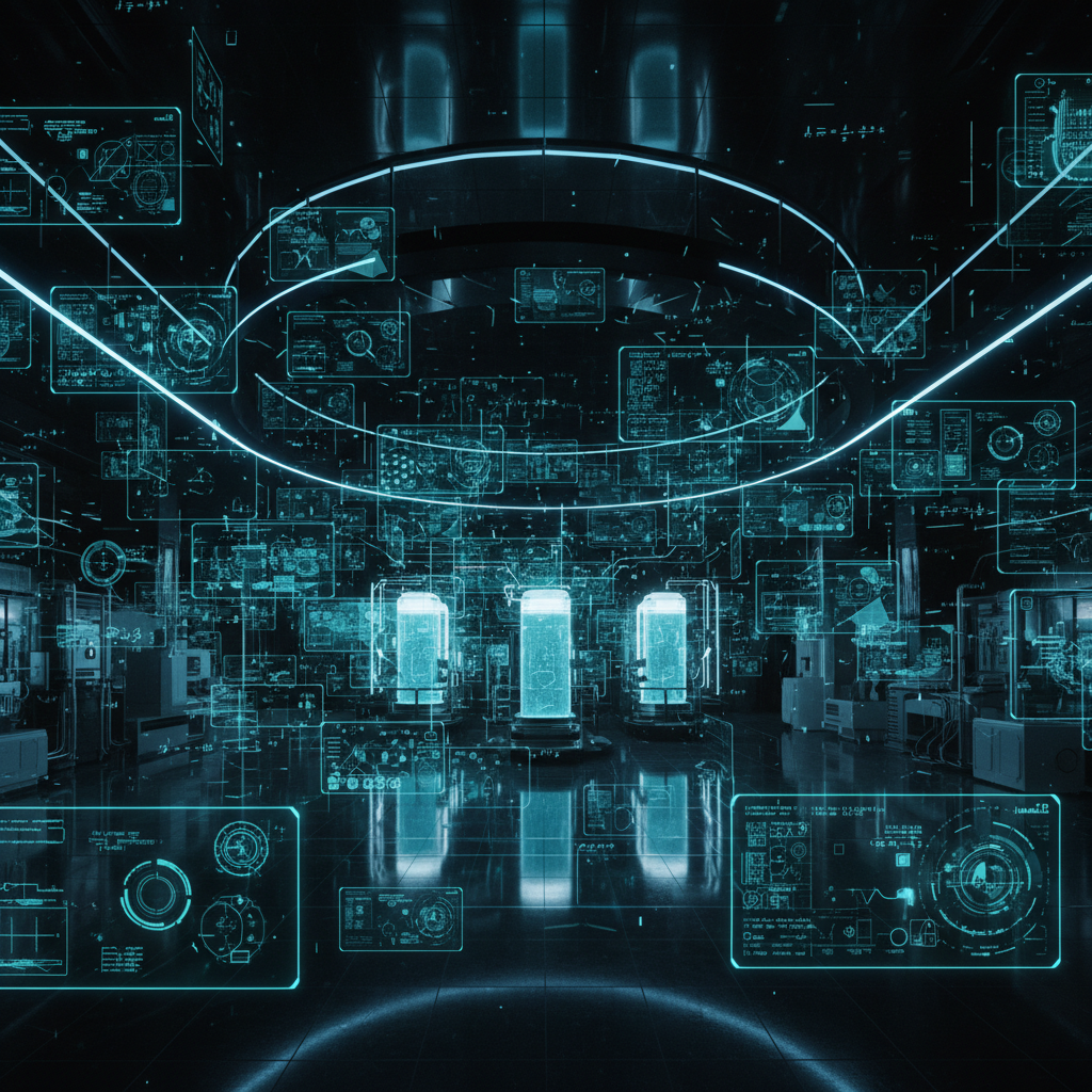 Laboratorio futurista con cámaras de contención biológica rodeadas de interfaces holográficas de datos.