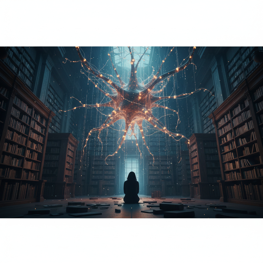 Una persona sentada de espaldas en el centro de una biblioteca antigua iluminada por una estructura neuronal brillante que flota sobre ella.