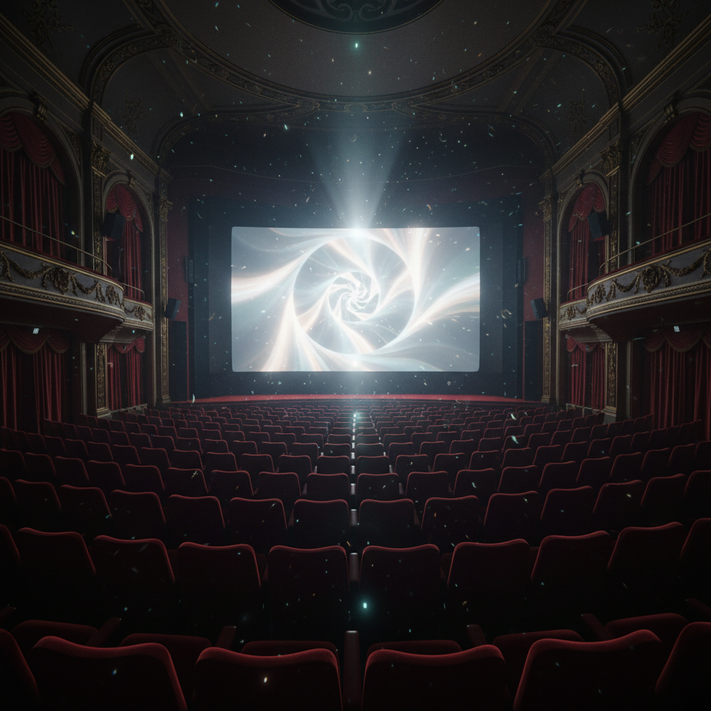 Interior de un teatro antiguo con butacas rojas vacías frente a una pantalla de cine con un efecto de luz en espiral.