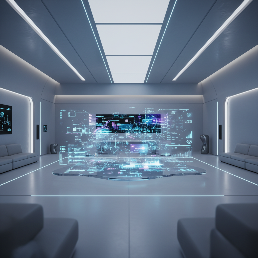 Sala de reuniones futurista con un escritorio central que proyecta una interfaz de datos holográfica compleja.