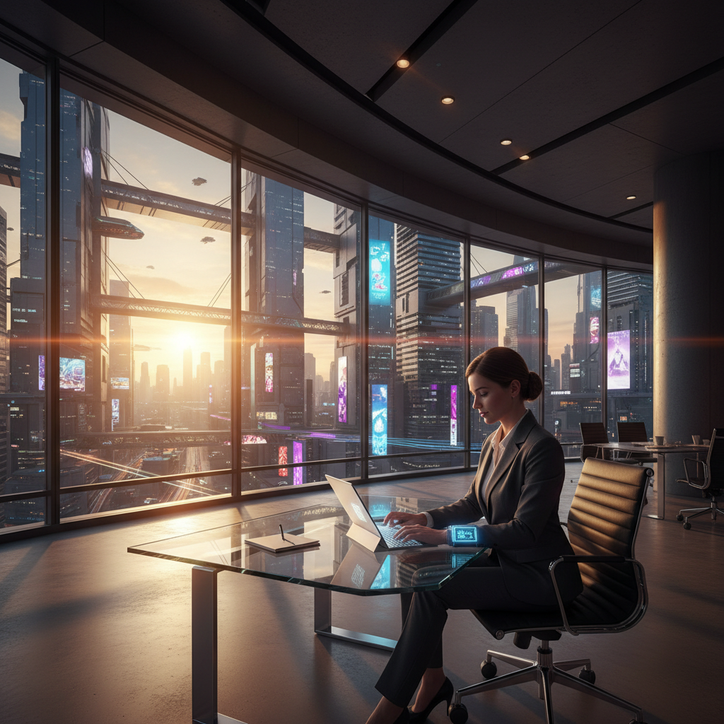 Mujer de negocios trabajando en una oficina moderna con ventanales hacia una ciudad futurista al atardecer.