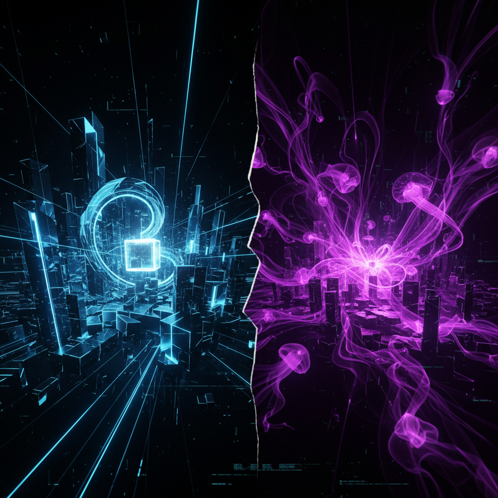 Paisaje urbano futurista dividido en dos secciones, una azul con estructuras geométricas brillantes y otra morada con formas etéreas y orgánicas que recuerdan a medusas de luz.