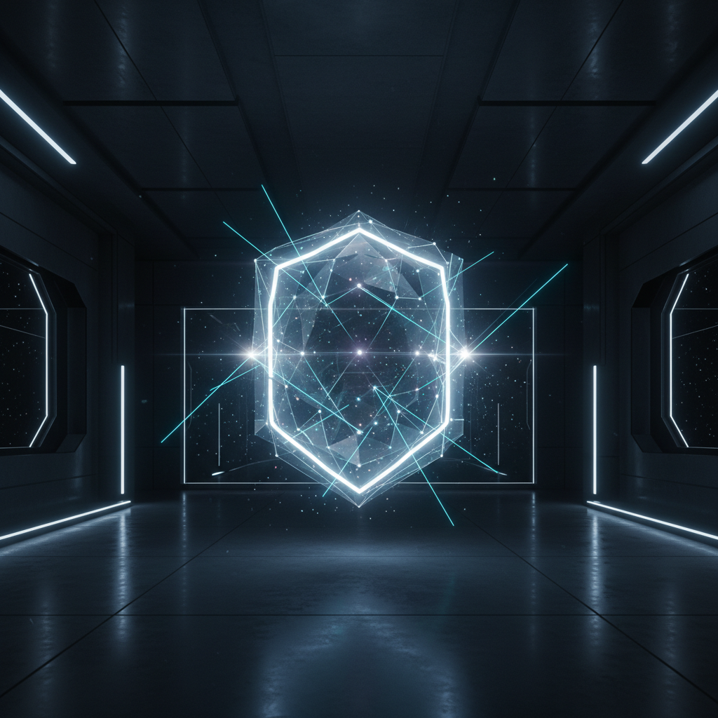 Un escudo digital luminoso flotando en el centro de un pasillo futurista de una nave espacial.