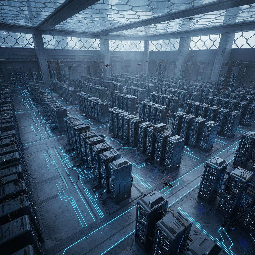 Centro de procesamiento de datos futurista con filas de servidores y cableado luminoso de neón azul bajo una estructura geométrica.
