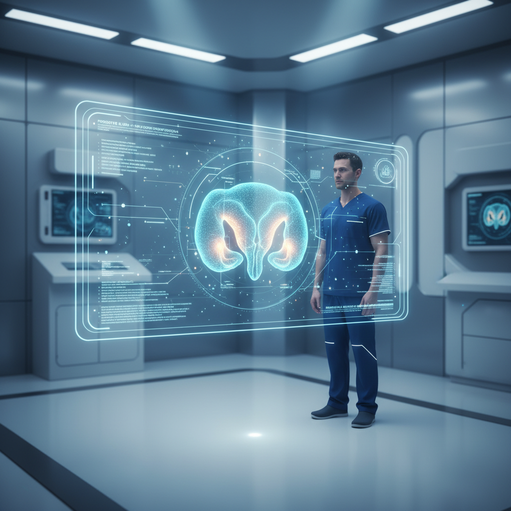 Profesional de la salud observando un holograma interactivo de un útero humano en una sala médica futurista.