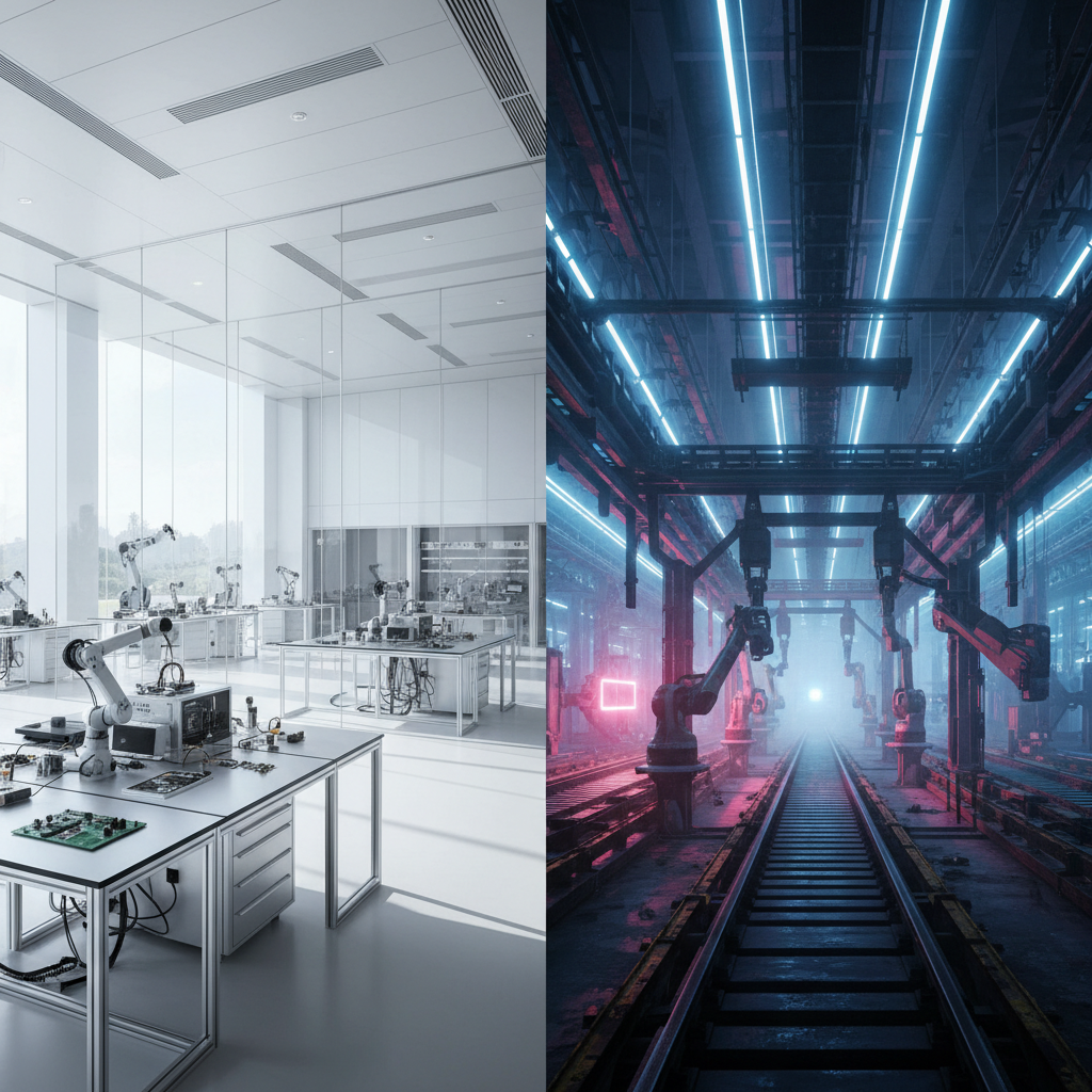 Comparativa entre un laboratorio de robótica iluminado y una planta de ensamblaje industrial con luces de neón.