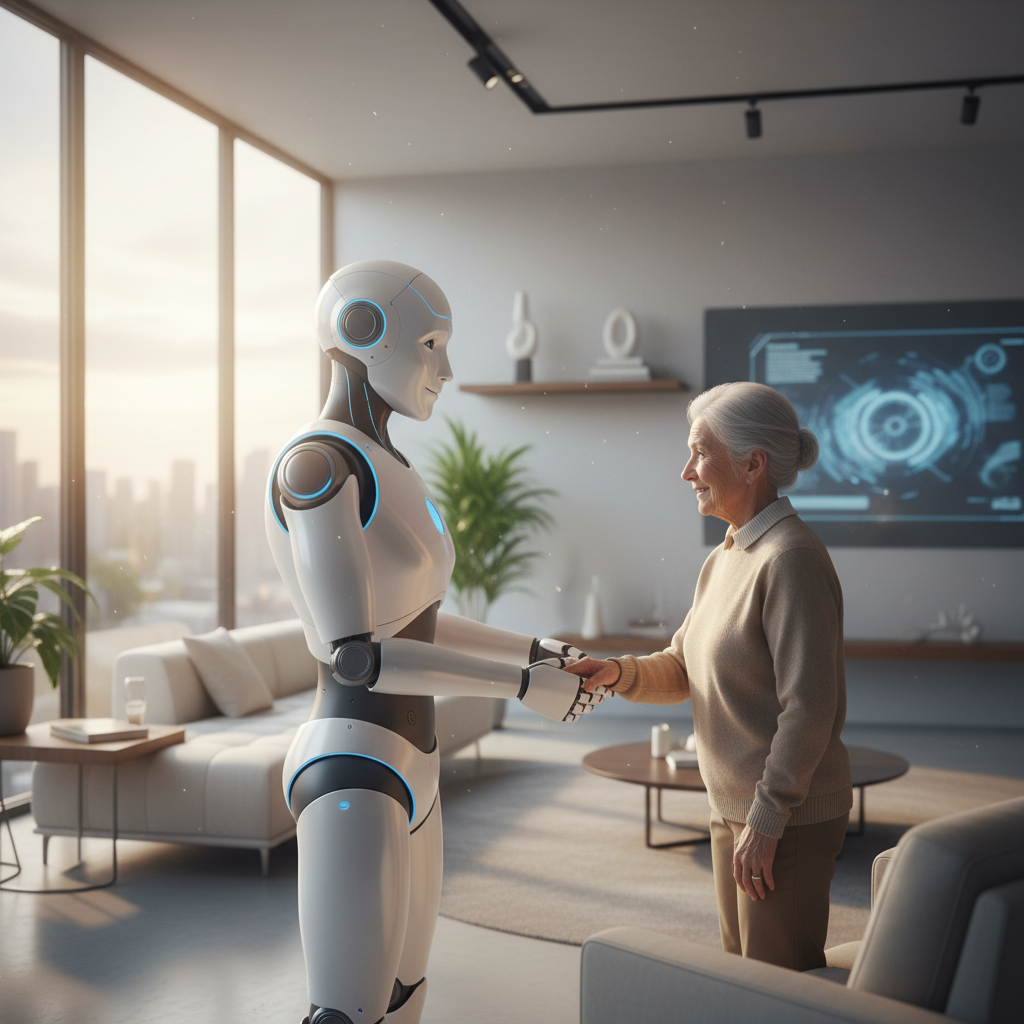 Un robot humanoide de color blanco interactuando amablemente con una mujer mayor dentro de un salón moderno y luminoso.