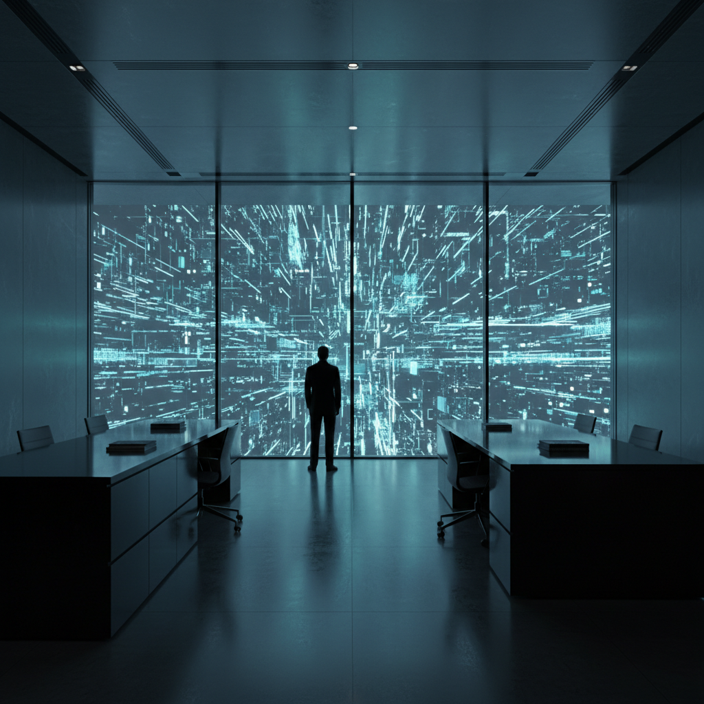 Persona de negocios observando un paisaje digital abstracto y futurista a través de un ventanal en una oficina moderna.