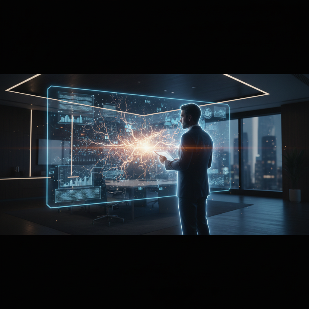 Hombre de negocios en oficina moderna analizando una interfaz holográfica con gráficos y datos complejos.