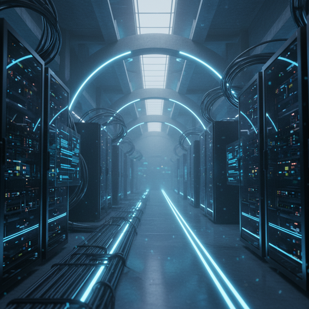 Pasillo de un centro de datos moderno con servidores en rack e iluminación led azul.